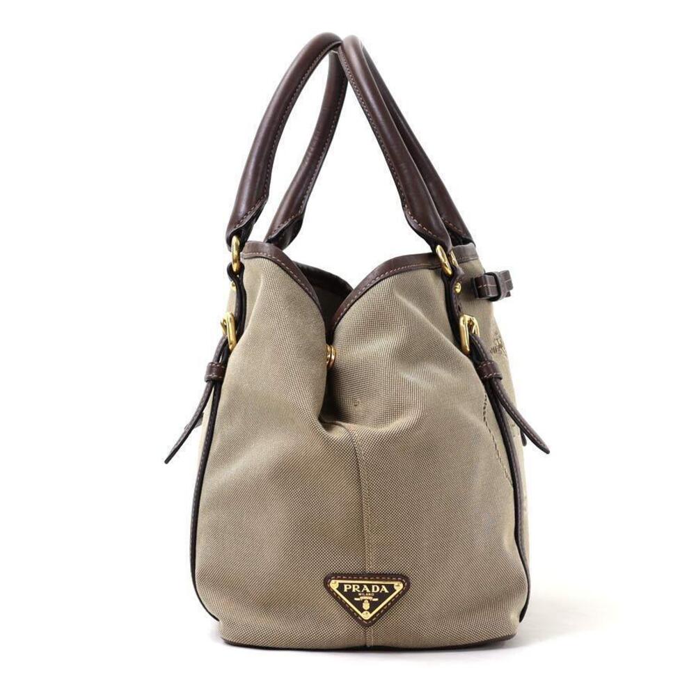 Prada Gold Leather 2way Bag Shoulder Jacquard Canvas Brown Gold Brown